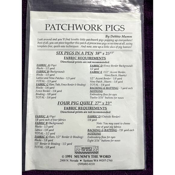 Debbie Mumm patchwork pigs quilt pattern 38in x 25 1/2in - Picture 3 of 6